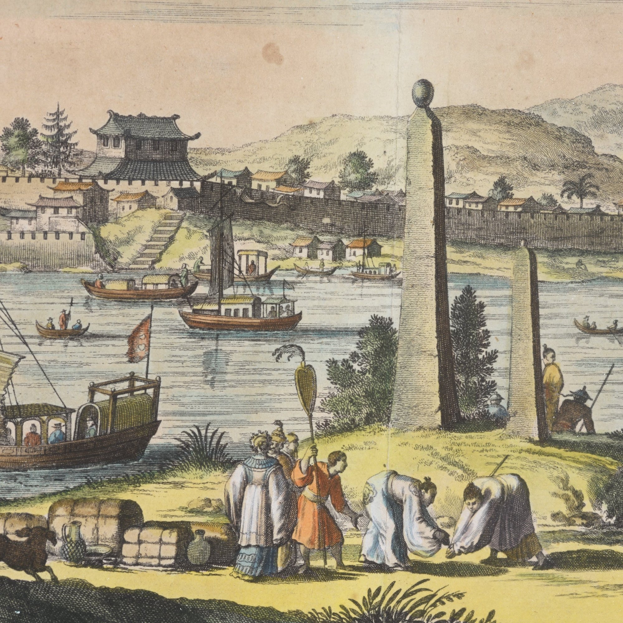 Original 17thC Tinted Engraving of a Chinese River Landscape at Hitsiu - 17thC engraving - 28 x 24.5 cms - M183V3