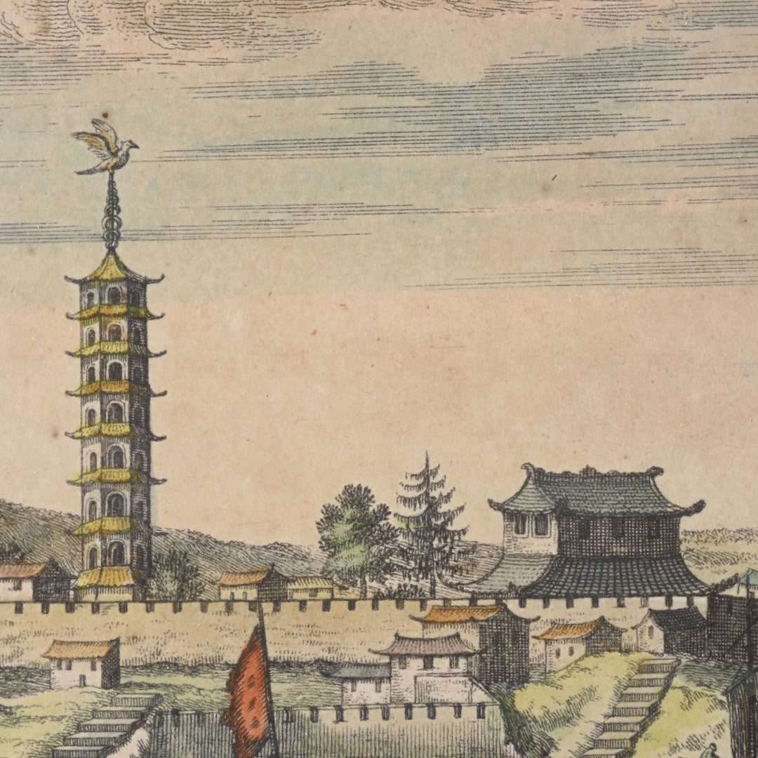 Original 17thC Tinted Engraving of a Chinese River Landscape at Hitsiu - 17thC engraving - 28 x 24.5 cms - M183V3