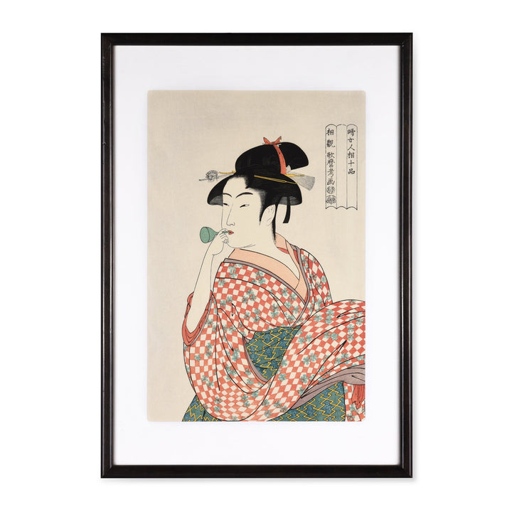 Vintage "Young Woman Blowing a Poppin" Framed Japanese Woodblock Print by Utamaro | Indigo Oriental Antiques