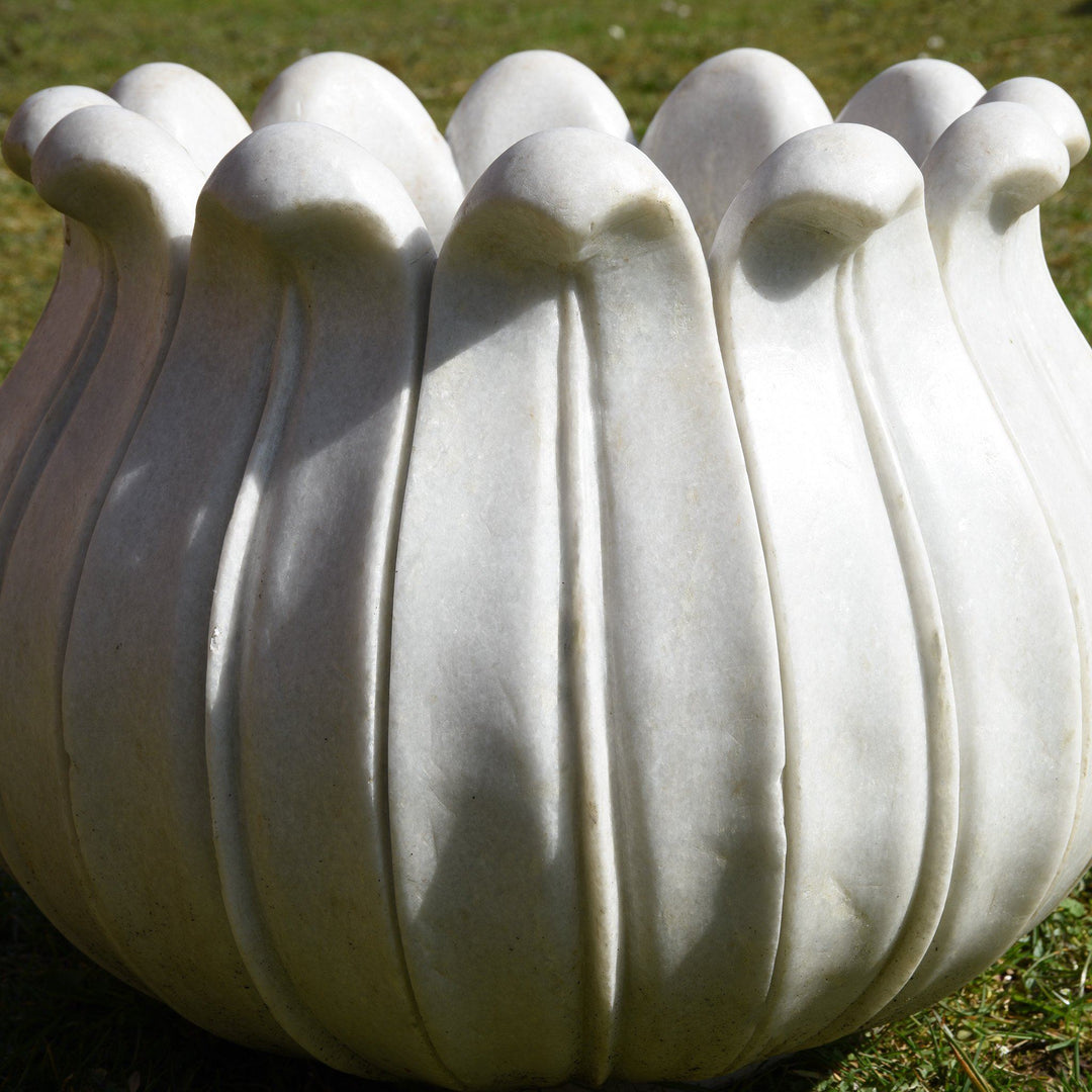 Detail Of Hand Carved Marble Planter  - Lotus Design | Indigo Antiques