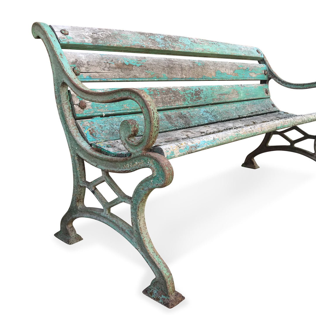 Vintage Green Painted Old Indian Cast Iron Bench from 1920's | INDIGO ANTIQUES