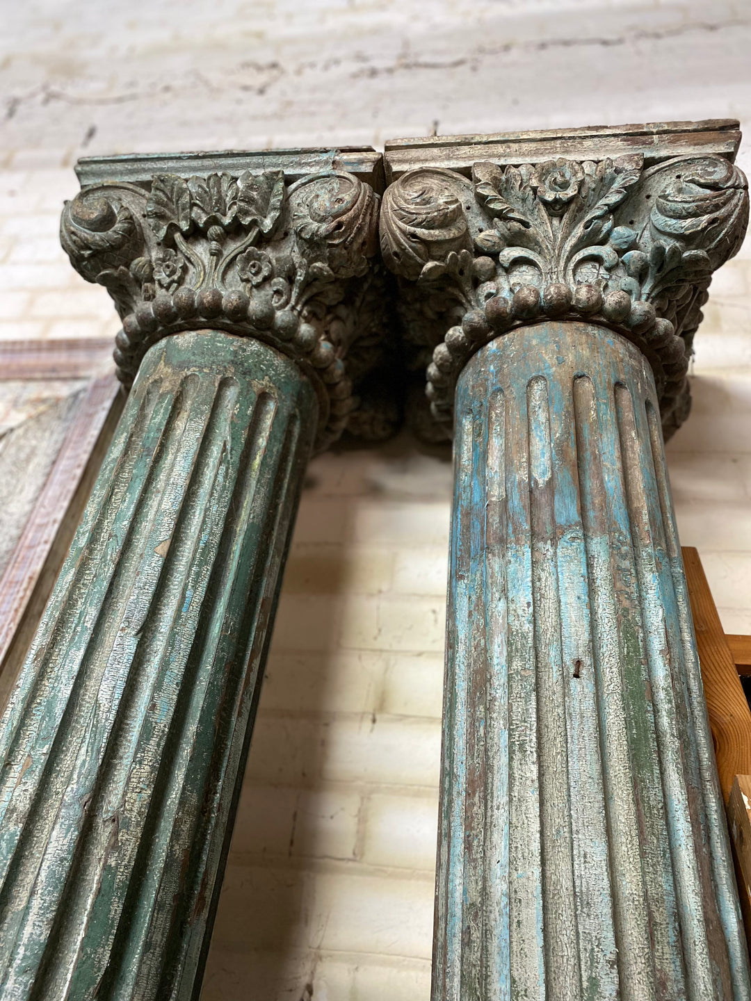 A Pair of Painted Teak Pillars with Original Stone Bases - 19thC