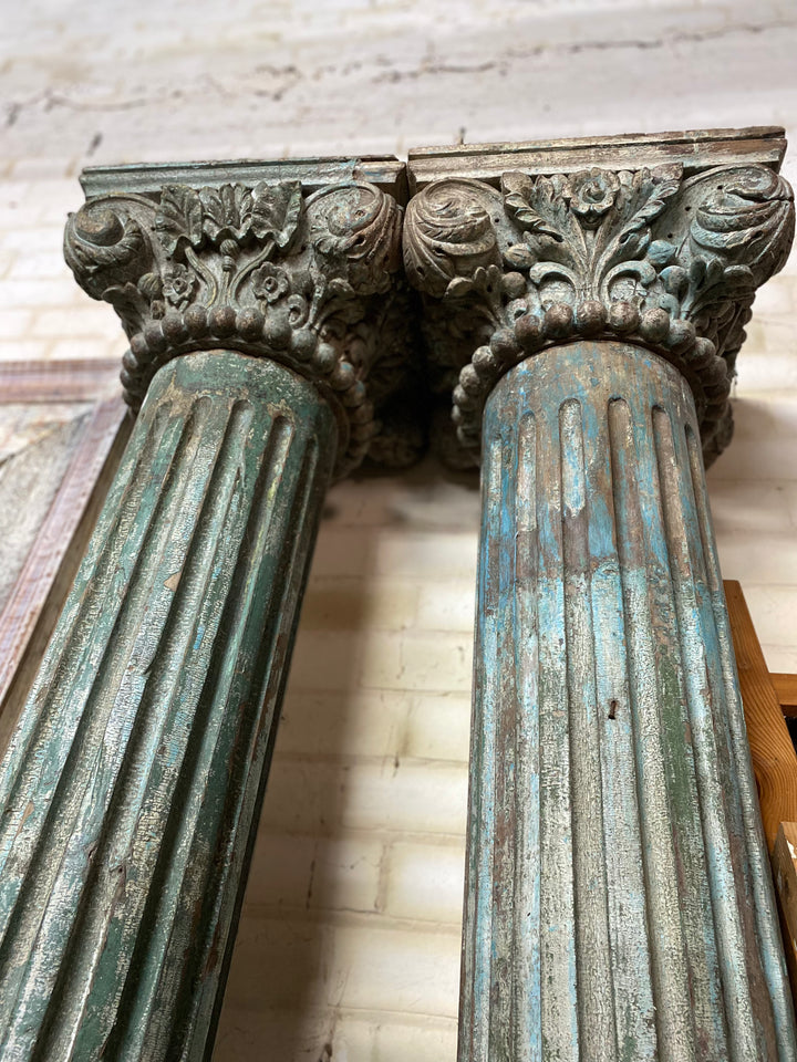 A Pair of Painted Teak Pillars with Original Stone Bases - 19thC
