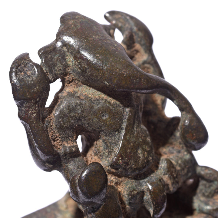 Face Detail From Antique Brass Miniature Votive Statue Of Lord Ganesh - 18th Century | Indigo Antiques