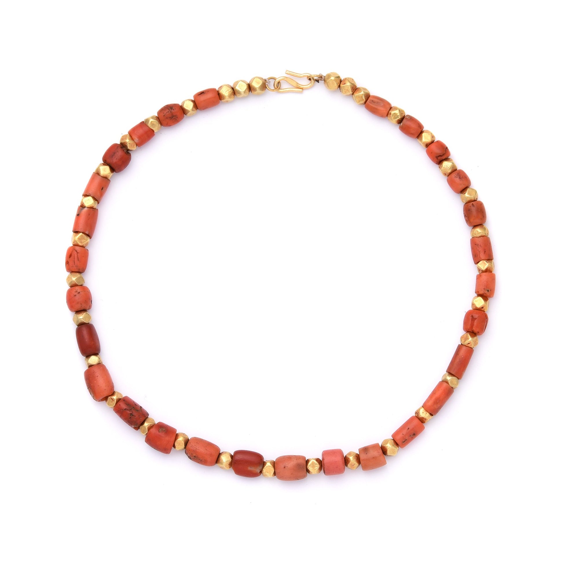 Tibetan Coral & Gold Lacquer Bead Necklace from Old Beads - Length 45 cms. Largest bead dia 1cm - A00635