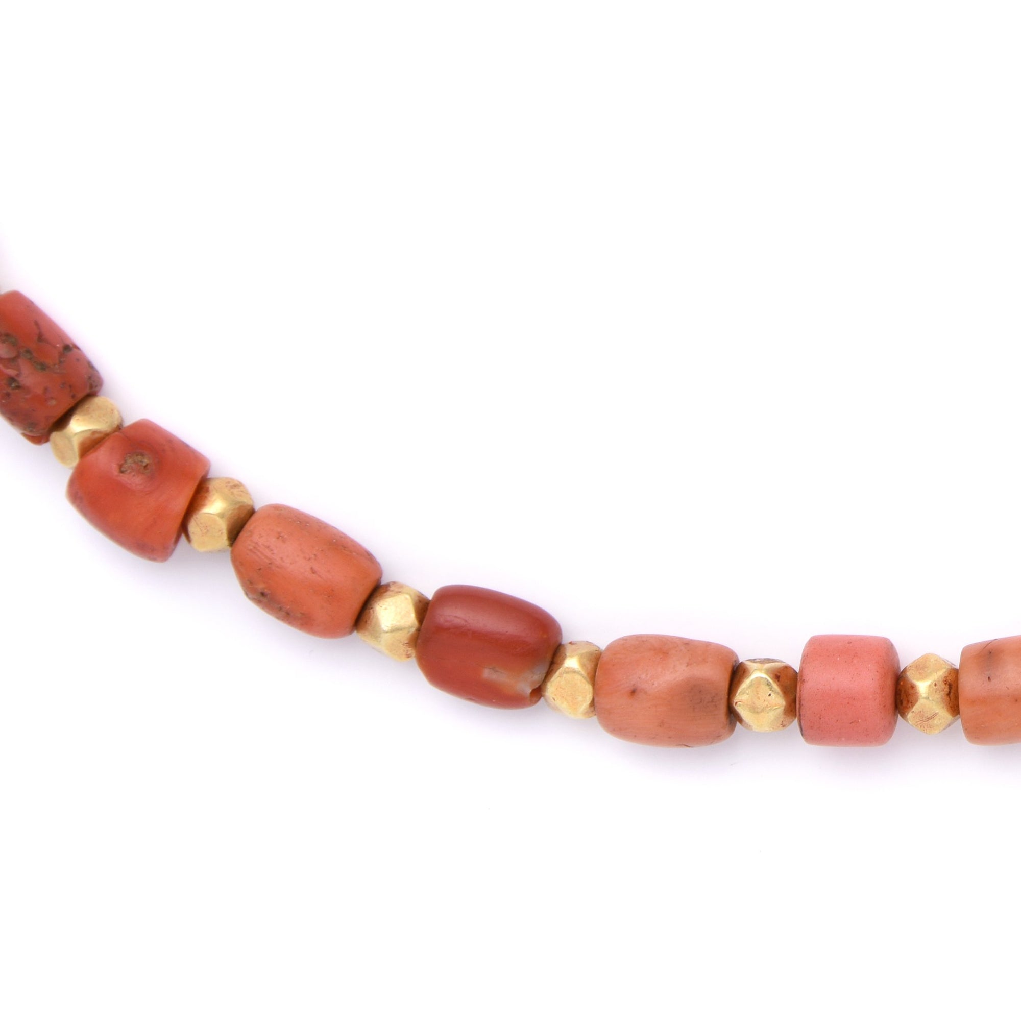 Tibetan Coral & Gold Lacquer Bead Necklace from Old Beads - Length 45 cms. Largest bead dia 1cm - A00635