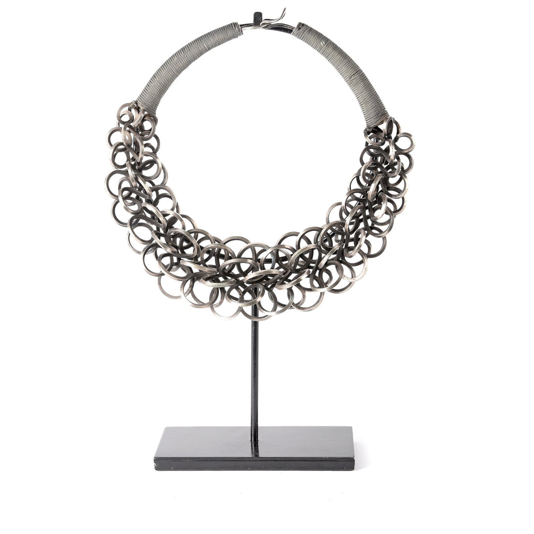 White Metal Miao Tribal Necklace on Iron Stand | Indigo Oriental Antiques