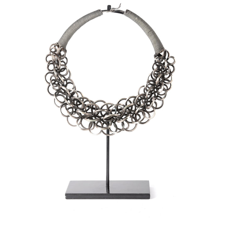 White Metal Miao Tribal Necklace on Iron Stand | Indigo Oriental Antiques