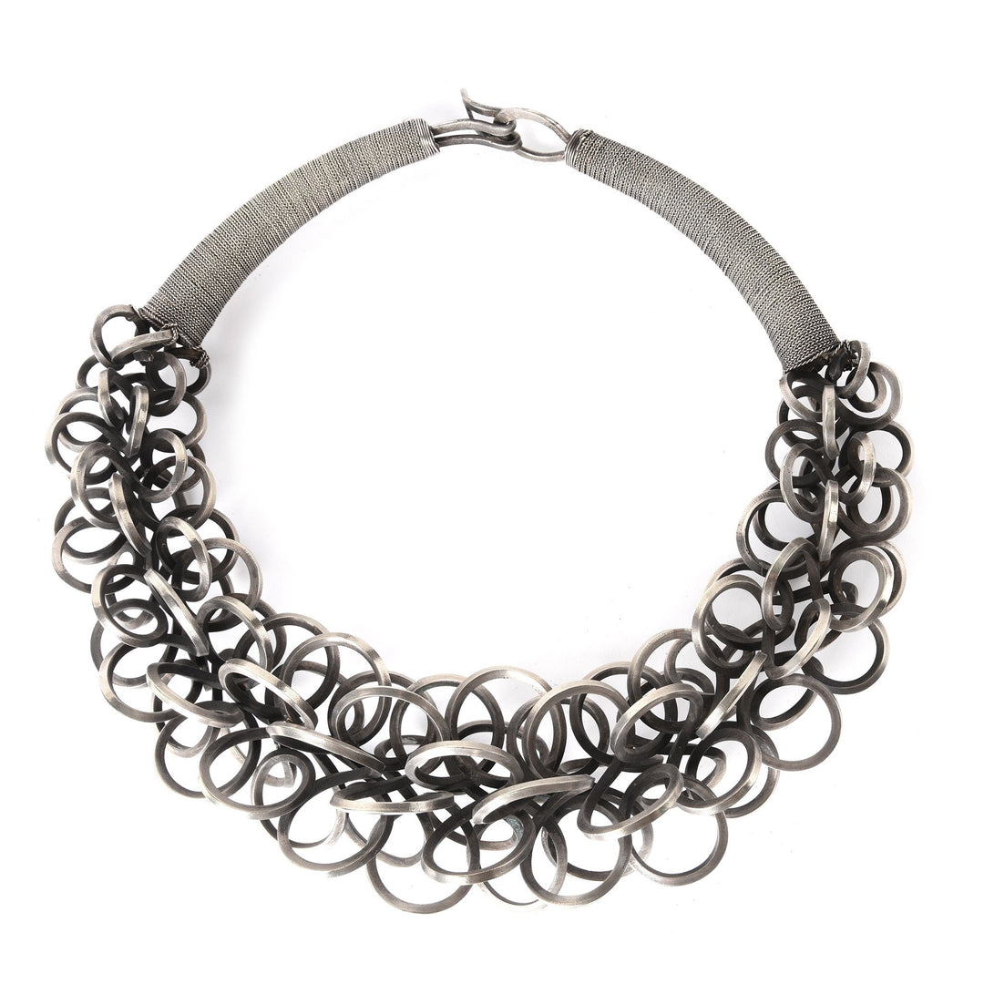White Metal Miao Tribal Necklace on Iron Stand | Indigo Oriental Antiques