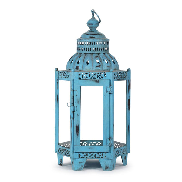 Storm Lantern With Blue Distressed Paint From Rajasthan