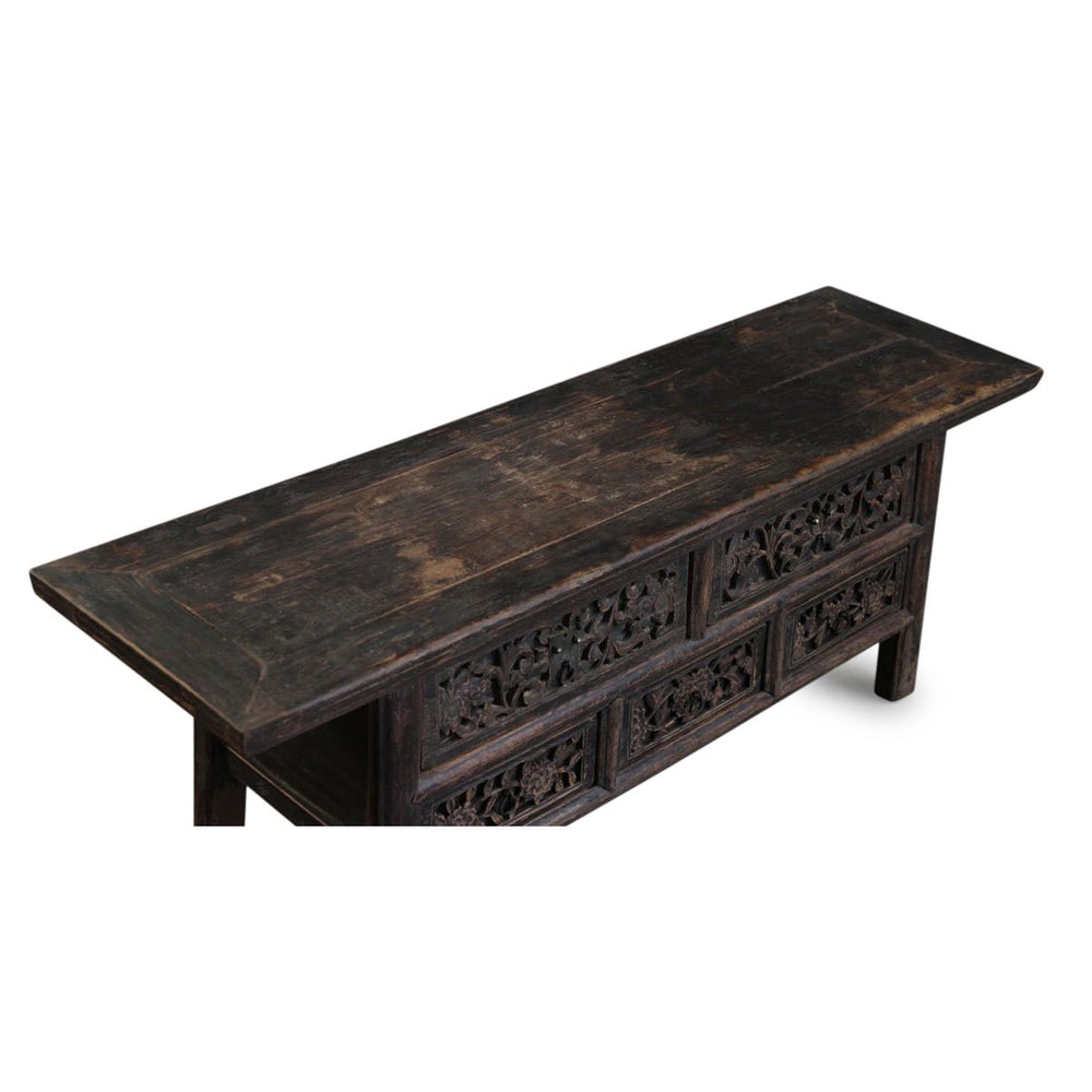 Ornately carved kang cabinet from shanxi province with 5 Drawers 129 x 37 x 45 (wxdxh cms) - C1572