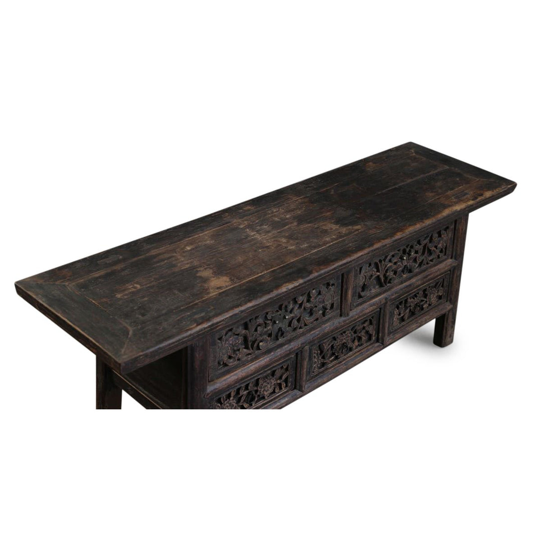 Ornately carved kang cabinet from shanxi province with 5 Drawers 129 x 37 x 45 (wxdxh cms) - C1572
