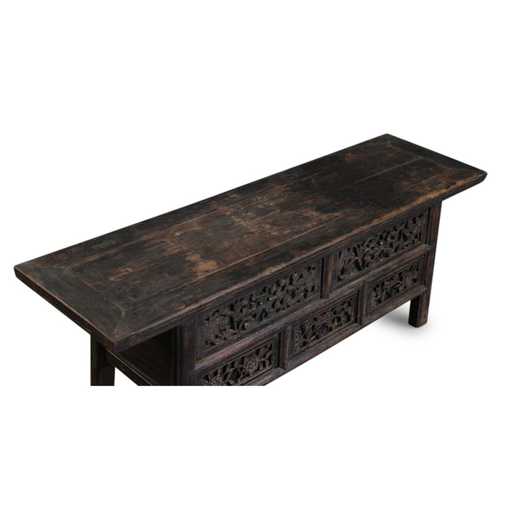 Ornately carved kang cabinet from shanxi province with 5 Drawers 129 x 37 x 45 (wxdxh cms) - C1572