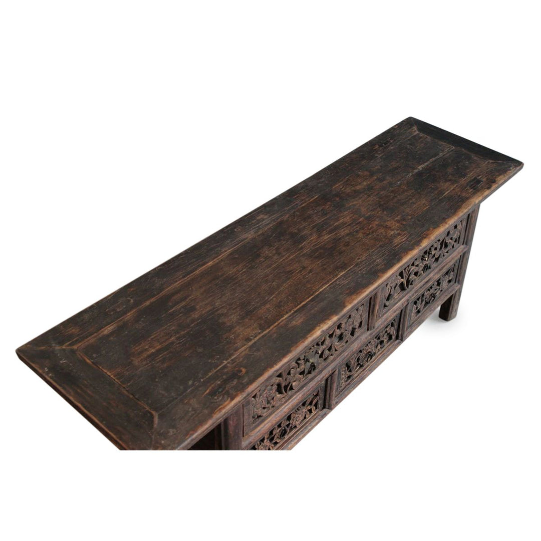Rich patina on this Ornately carved kang cabinet from shanxi province with 5 Drawers 129 x 37 x 45 (wxdxh cms) - C1572