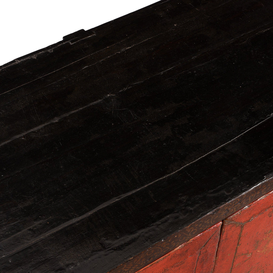 Surface Detail From Black & Red Lacquer Book Cabinet from China - 19th Century | Indigo Antiques