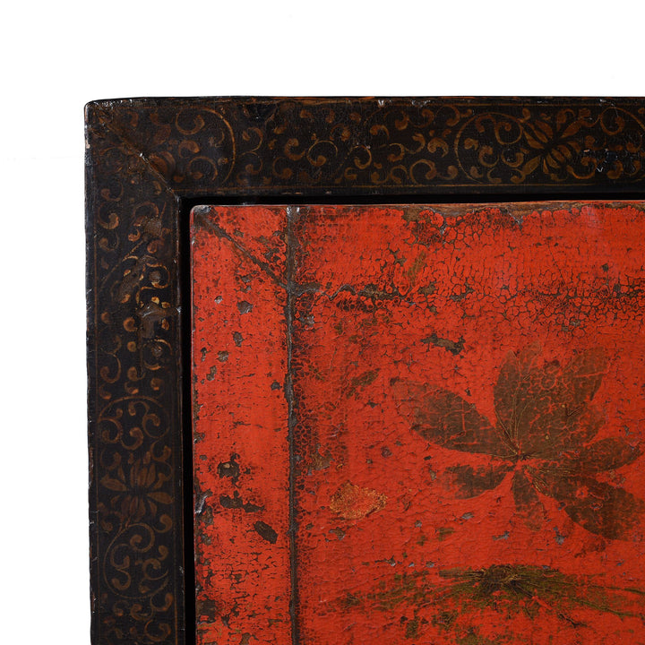 Corner Detail Of Black & Red Lacquer Book Cabinet from China - 19th Century | Indigo Antiques