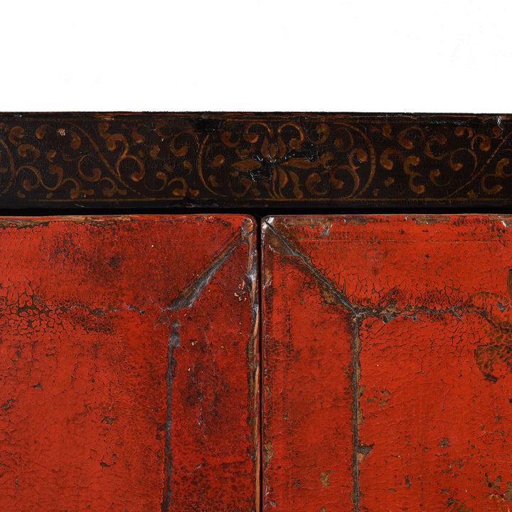 Decorative Painting Detail From Black & Red Lacquer Book Cabinet from China - 19th Century | Indigo Antiques
