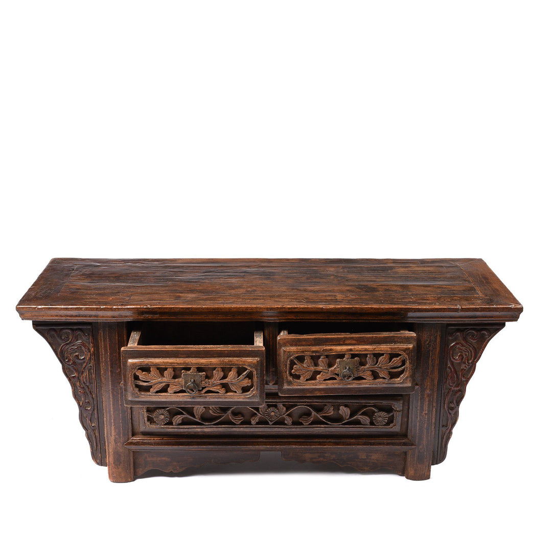 Open Draw View Of Bleached Elm and Poplar Kang Table From Shanxi  - 19thC | Indigo Antiques