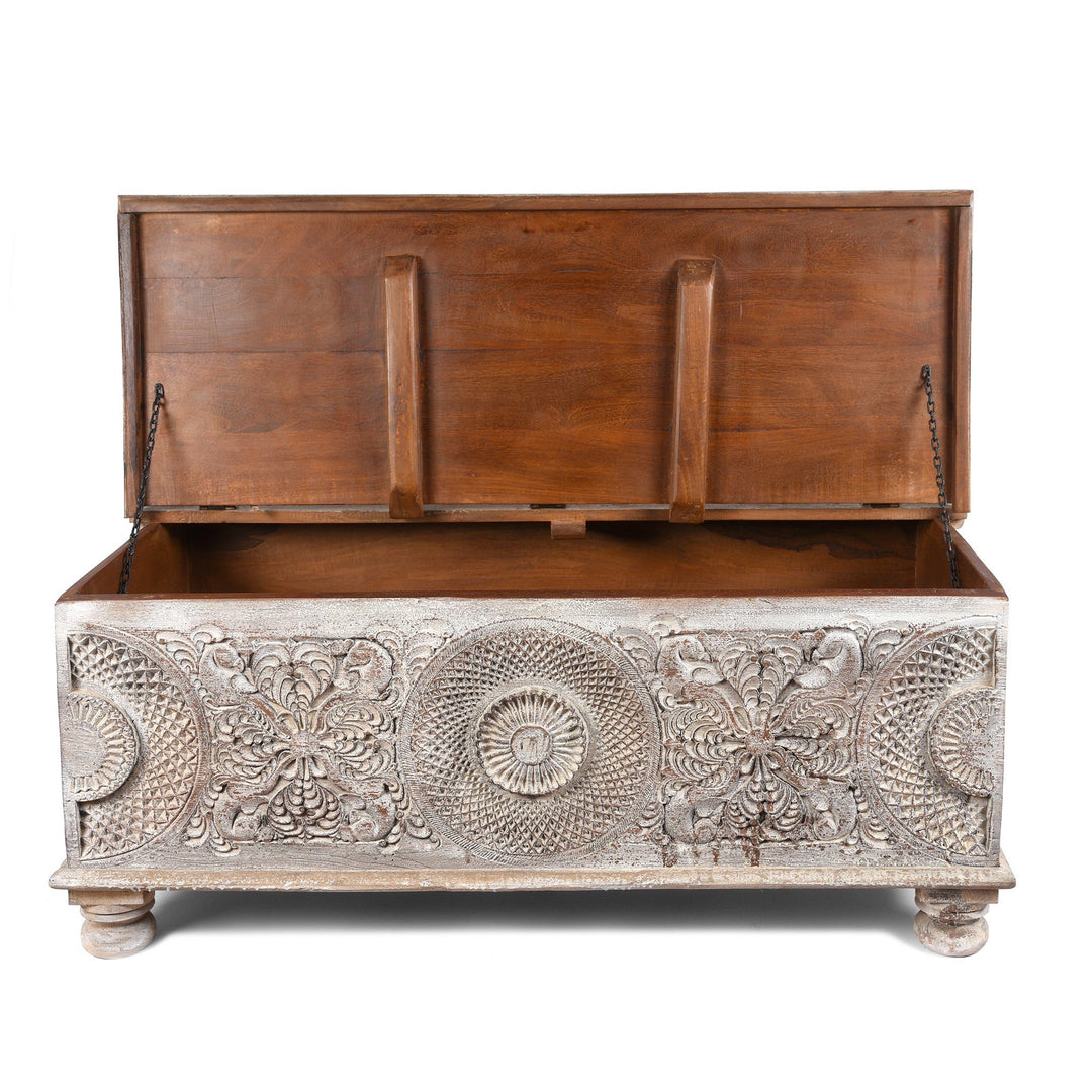 Open Detail of a Indian Carved Blanket Box Made From Reclaimed Teak | Indigo Antiques