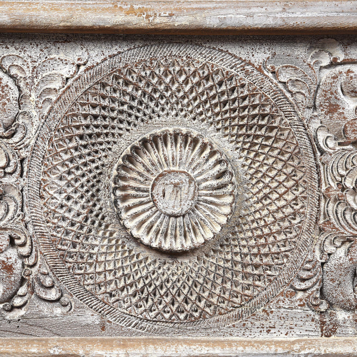 Detail of a Indian Carved Blanket Box Made From Reclaimed Teak | Indigo Antiques