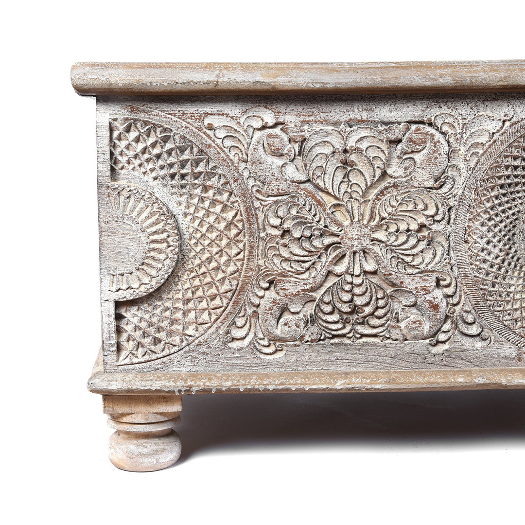 Left detail of a Indian Carved Blanket Box Made From Reclaimed Teak | Indigo Antiques