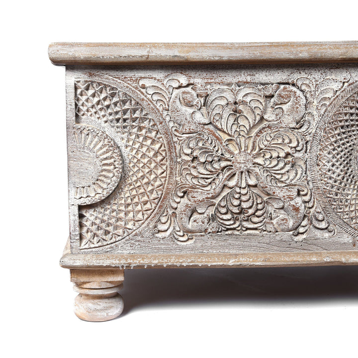 Left detail of a Indian Carved Blanket Box Made From Reclaimed Teak | Indigo Antiques