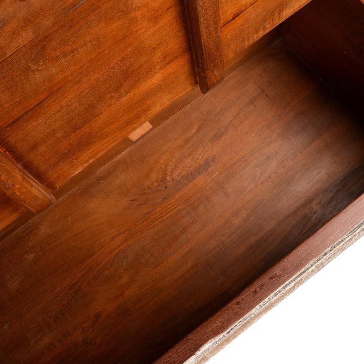 Interior detail of a Indian Carved Blanket Box Made From Reclaimed Teak | Indigo Antiques