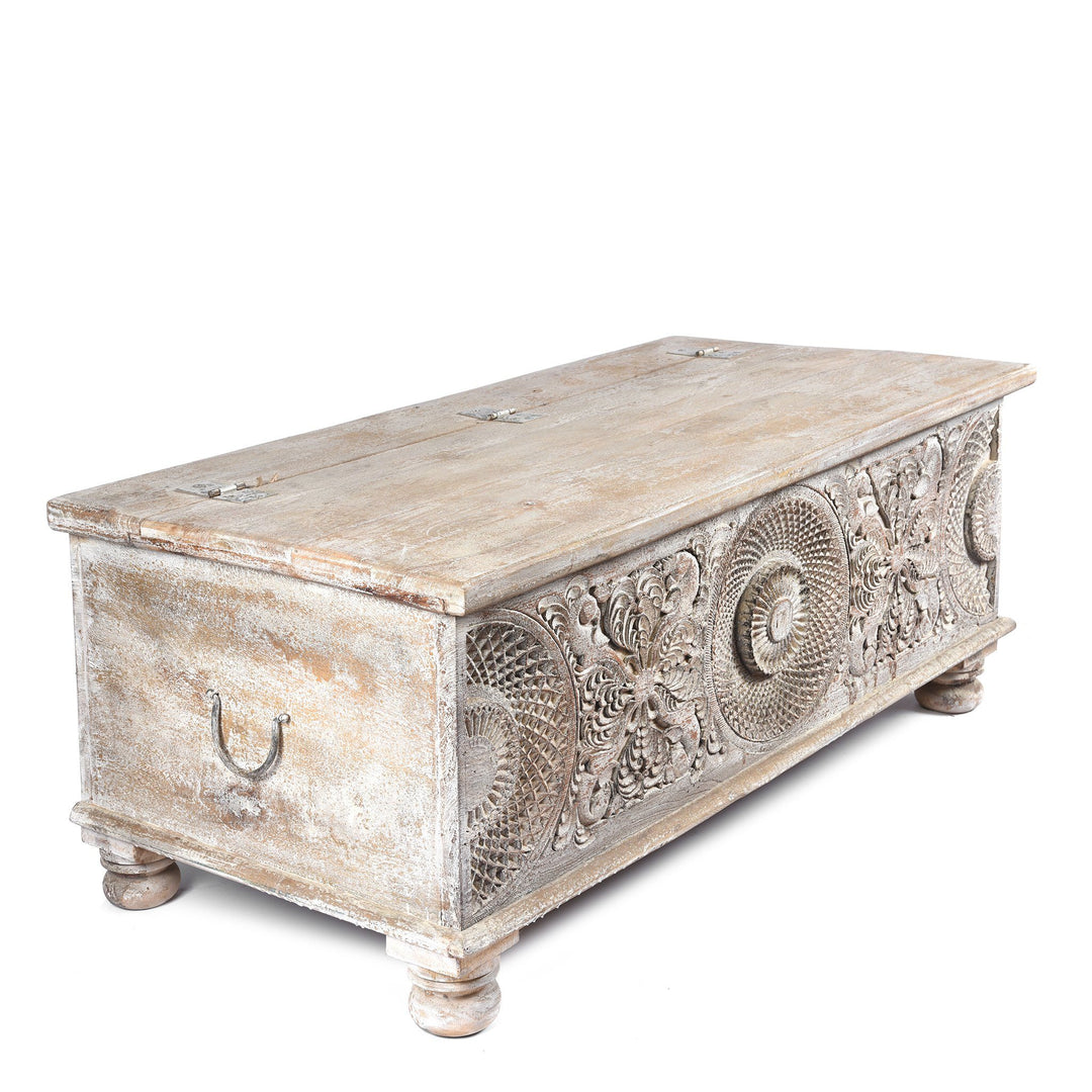 Side detail of a Indian Carved Blanket Box Made From Reclaimed Teak | Indigo Antiques