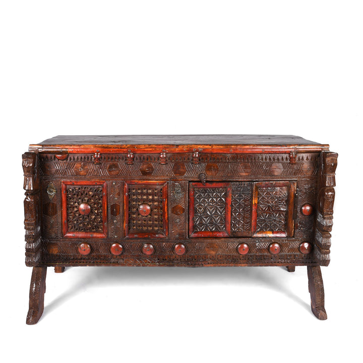 Carved Lacquered Teak Dowry Chest  - Manjus From Kutch | Indigo Antiques