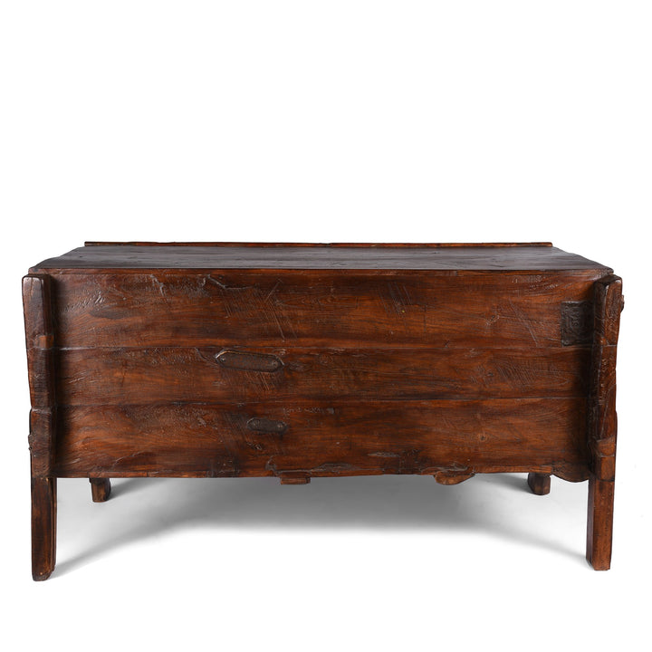 Back View of Carved Lacquered Teak Dowry Chest  - Manjus From Kutch | Indigo Antiques