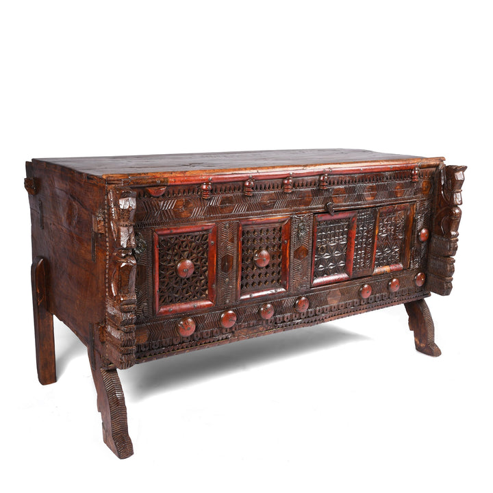 Angled View of Carved Lacquered Teak Dowry Chest  - Manjus From Kutch | Indigo Antiques
