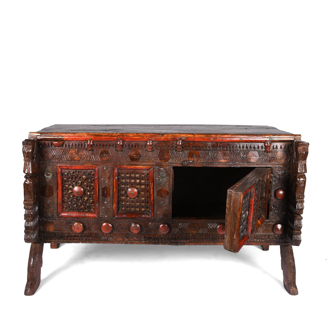 Open View of Carved Lacquered Teak Dowry Chest  - Manjus From Kutch | Indigo Antiques