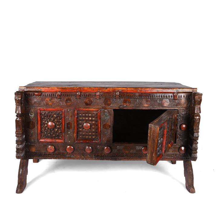 Open View of Carved Lacquered Teak Dowry Chest  - Manjus From Kutch | Indigo Antiques