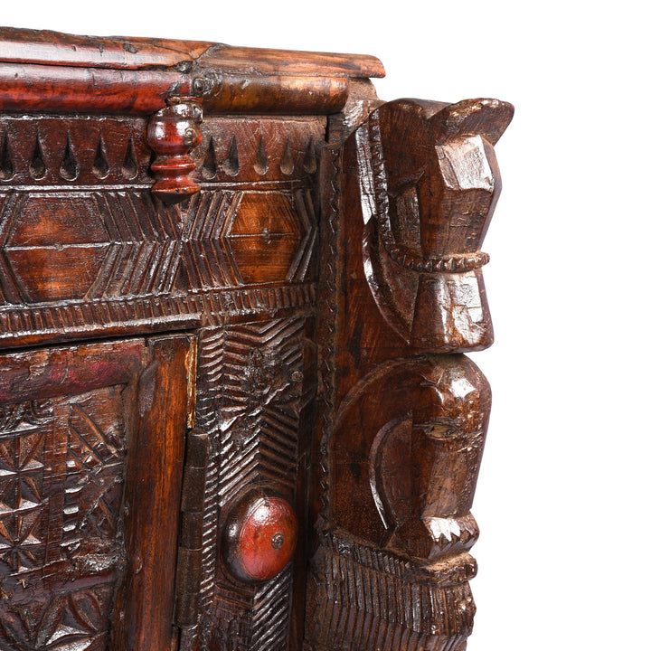 Detail of Carved Lacquered Teak Dowry Chest  - Manjus From Kutch | Indigo Antiques