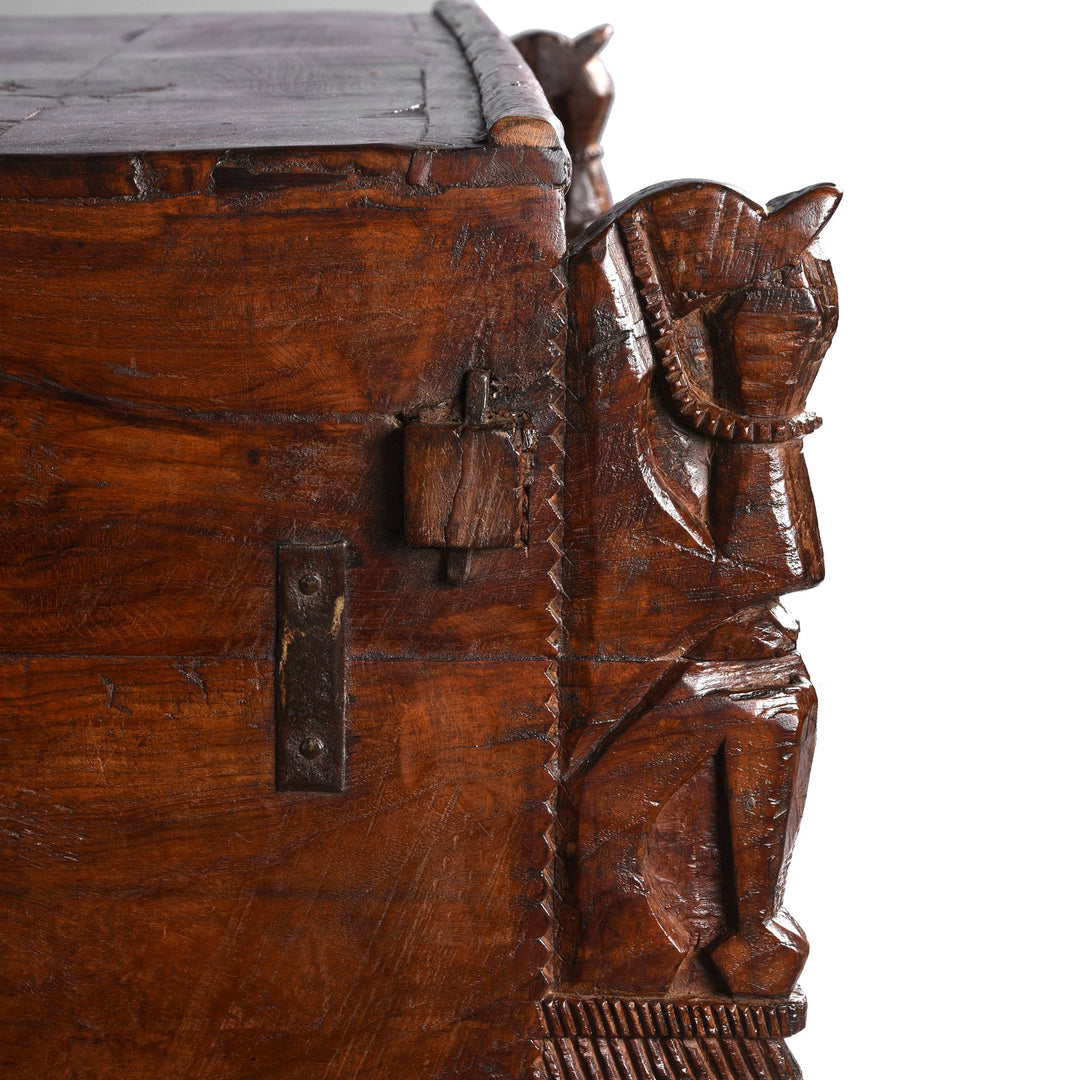 Detail of Carved Lacquered Teak Dowry Chest  - Manjus From Kutch | Indigo Antiques