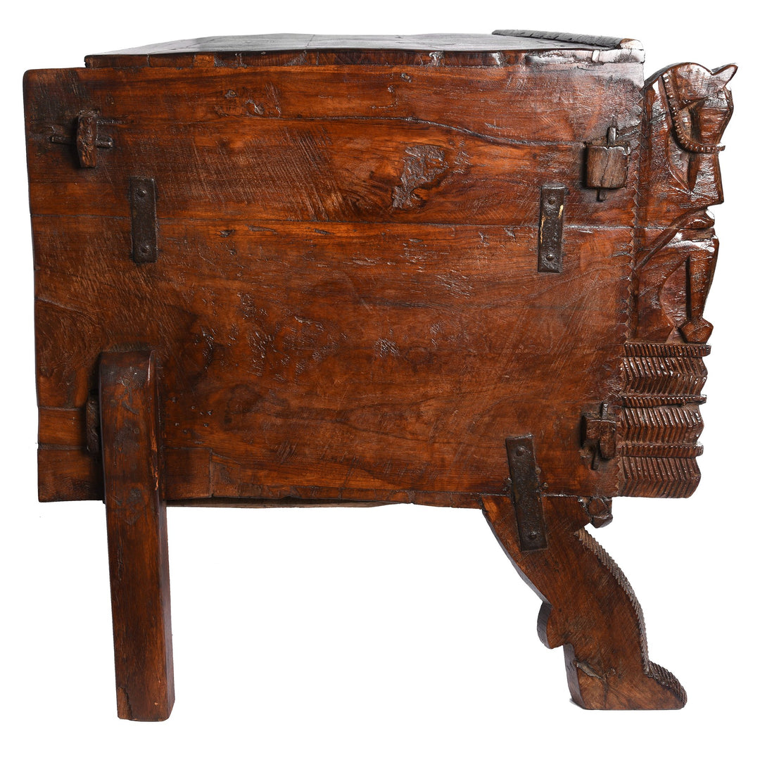 Detail of Carved Lacquered Teak Dowry Chest  - Manjus From Kutch | Indigo Antiques