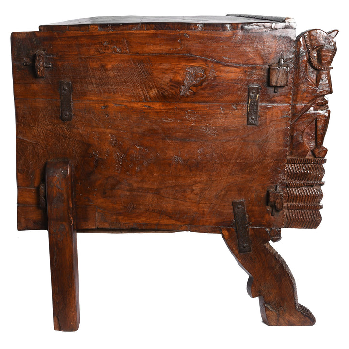 Detail of Carved Lacquered Teak Dowry Chest  - Manjus From Kutch | Indigo Antiques