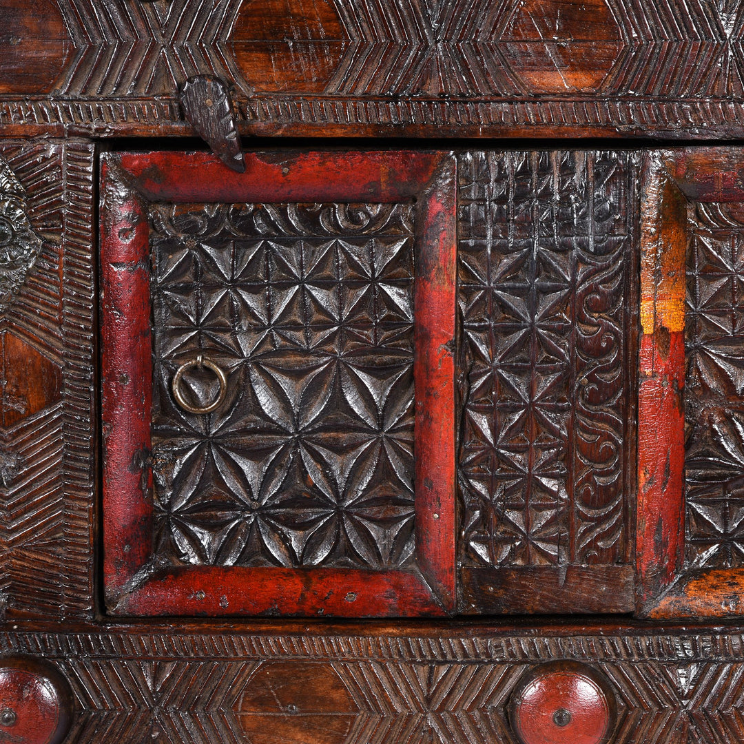 Detail of Carved Lacquered Teak Dowry Chest  - Manjus From Kutch | Indigo Antiques