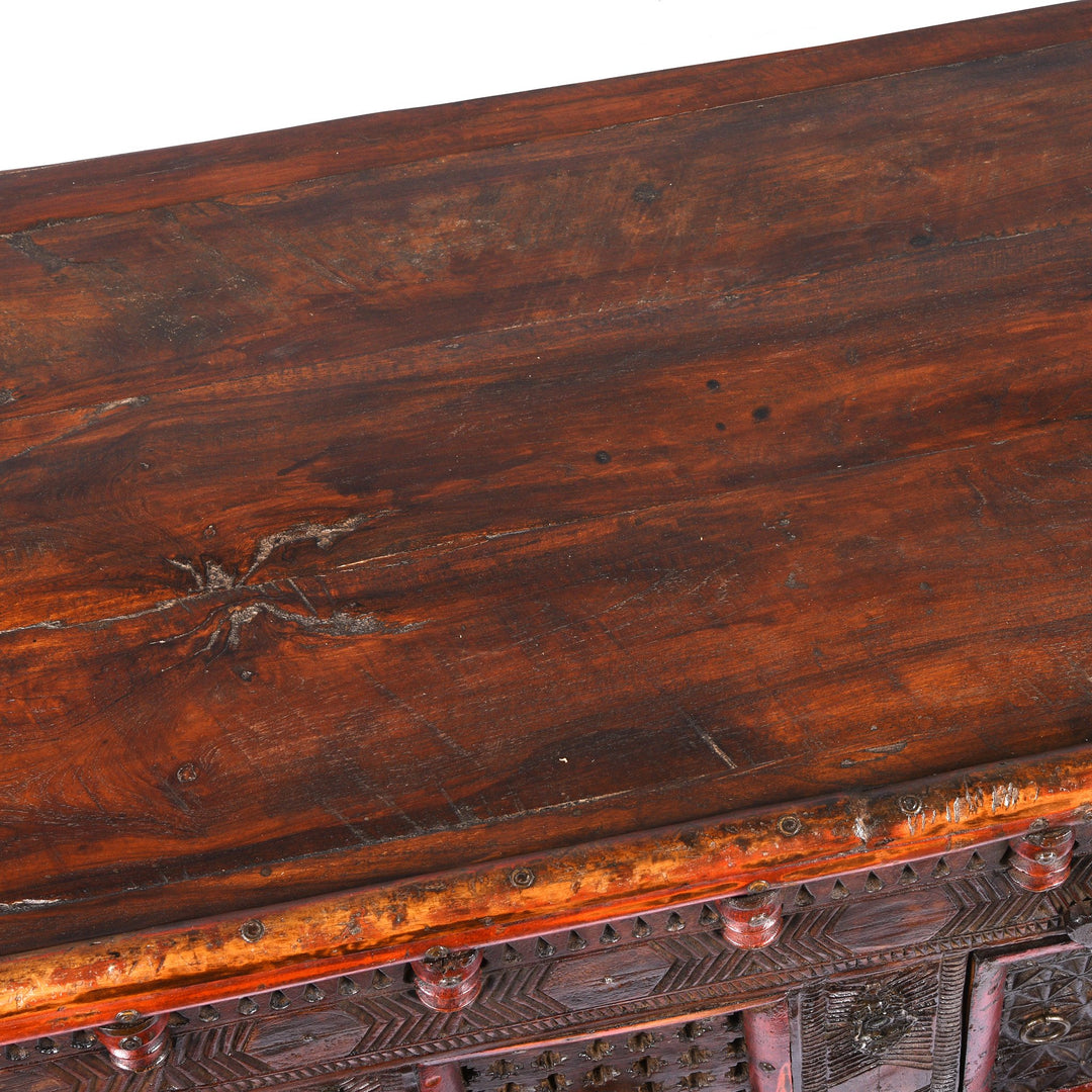 Detail of Carved Lacquered Teak Dowry Chest  - Manjus From Kutch | Indigo Antiques