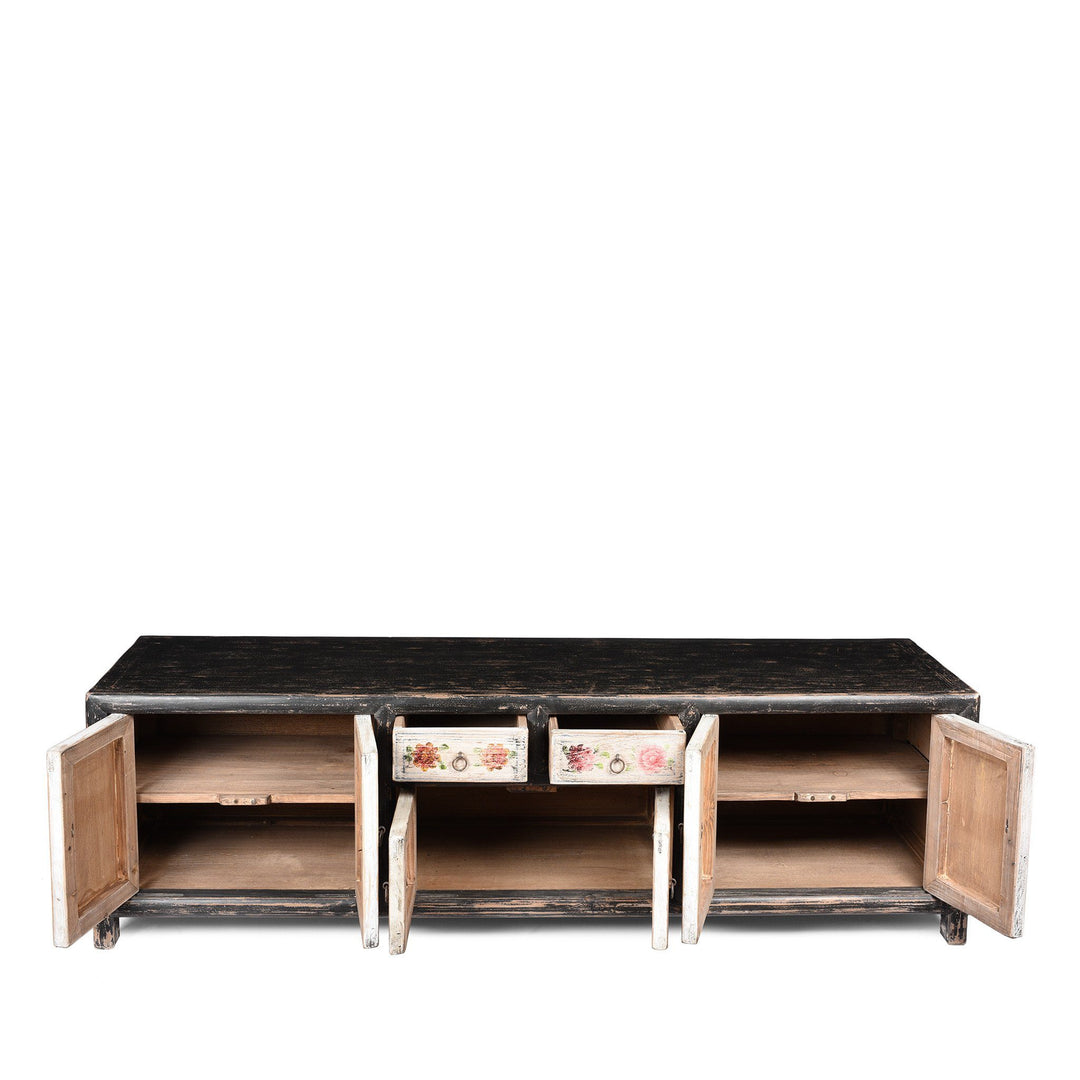 Reclaimed Painted Black & White 'Kang' Low TV Unit Cabinet From Mongolia | Indigo Antiques