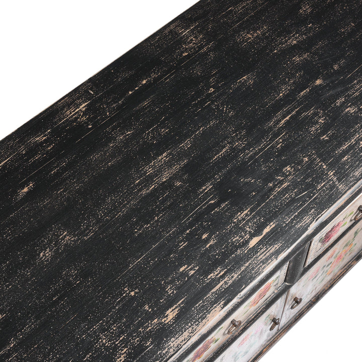 Top Detail from a Reclaimed Painted Black & White 'Kang' Low TV Unit Cabinet From Mongolia | Indigo Antiques