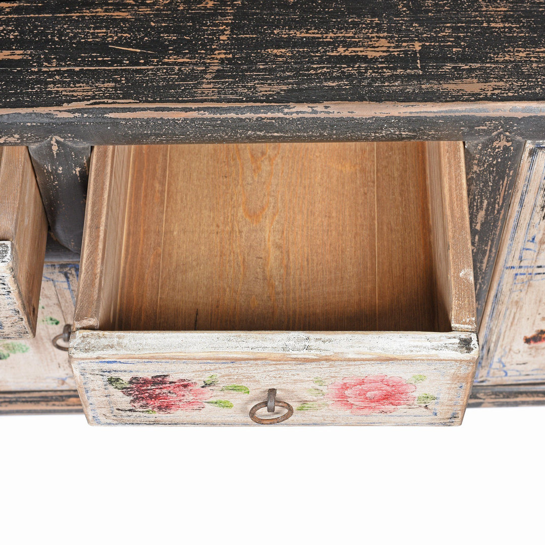 Drawer Detail from an Reclaimed Painted Black & White 'Kang' Low TV Unit Cabinet From Mongolia | Indigo Antiques