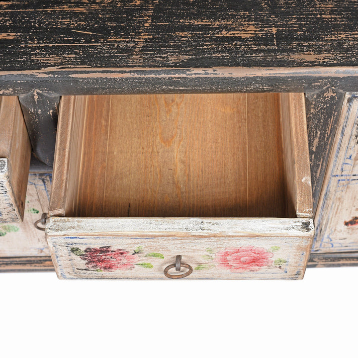 Drawer Detail from an Reclaimed Painted Black & White 'Kang' Low TV Unit Cabinet From Mongolia | Indigo Antiques