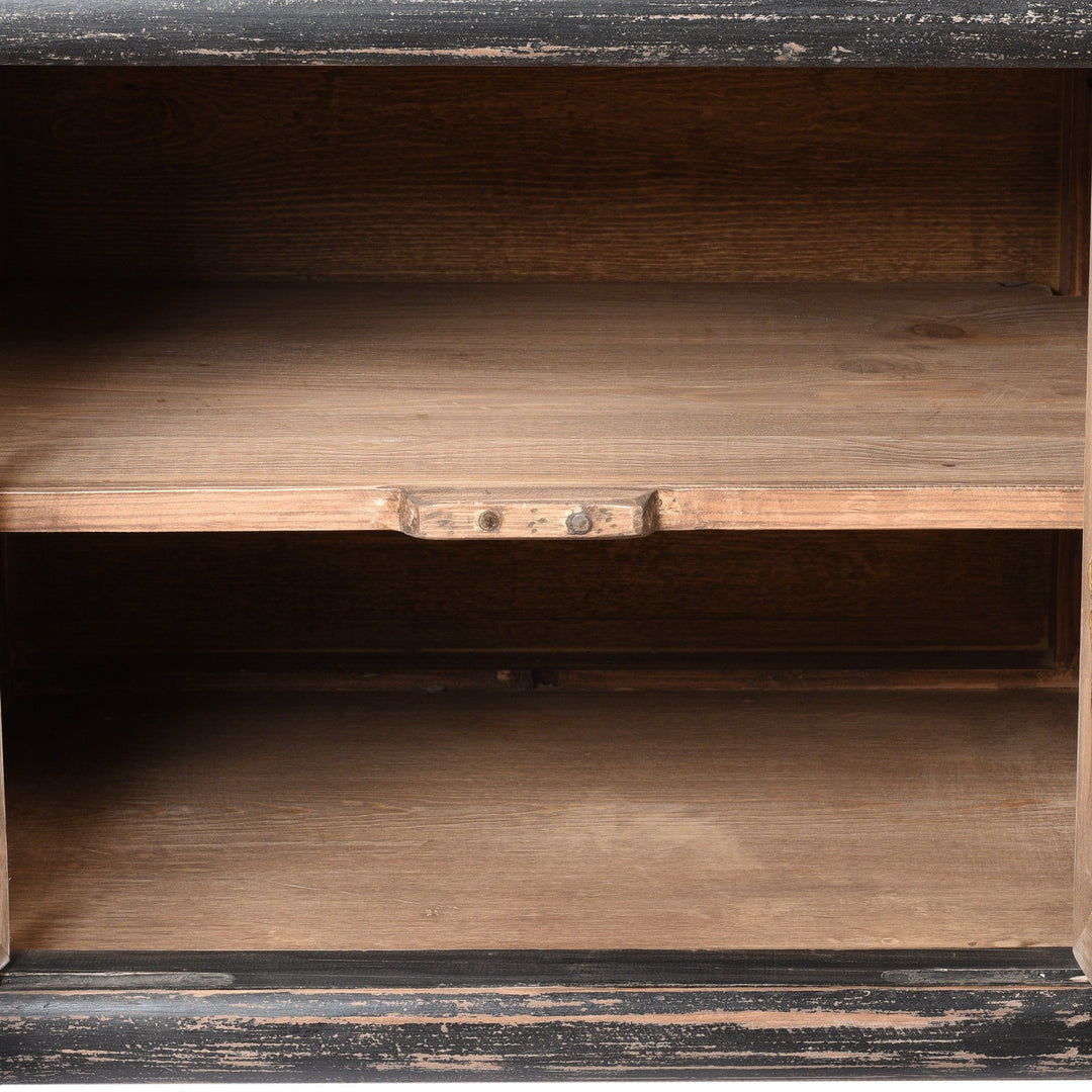 Shelf detail from a Reclaimed Painted Black & White 'Kang' Low TV Unit Cabinet From Mongolia | Indigo Antiques