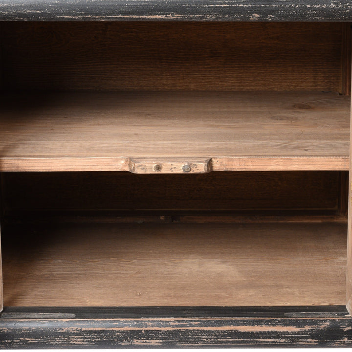Shelf detail from a Reclaimed Painted Black & White 'Kang' Low TV Unit Cabinet From Mongolia | Indigo Antiques