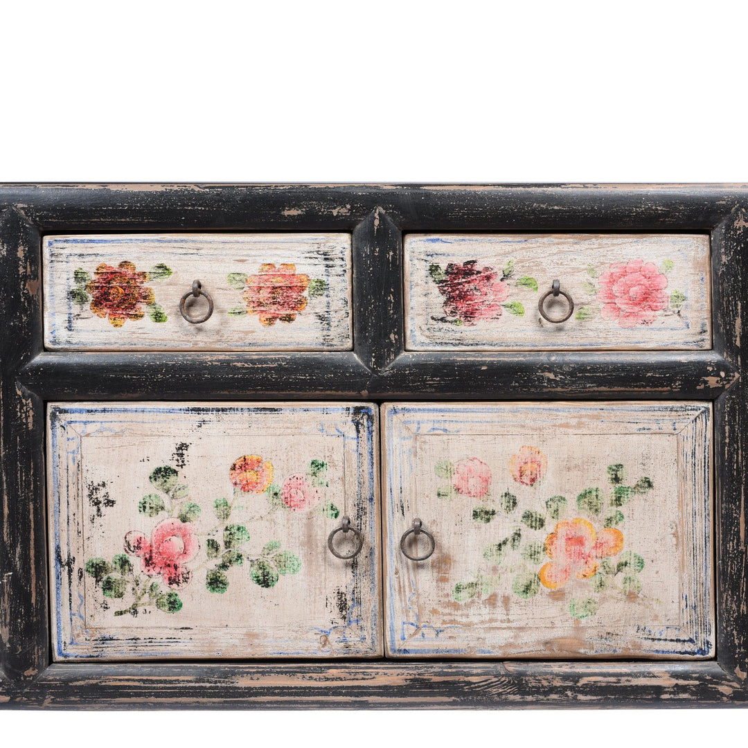 Front detail from a Reclaimed Painted Black & White 'Kang' Low TV Unit Cabinet From Mongolia | Indigo Antiques