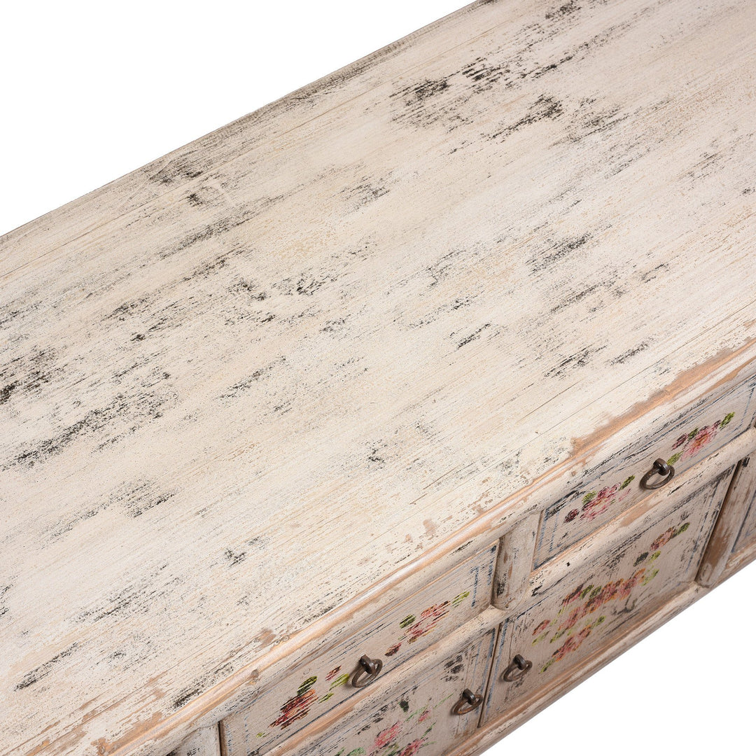 Surface Detail From Painted 'Kang' Low Cabinet From Mongolia | Indigo Antiques