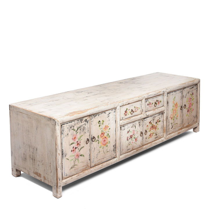 Side View Of Painted 'Kang' Low Cabinet From Mongolia | Indigo Antiques