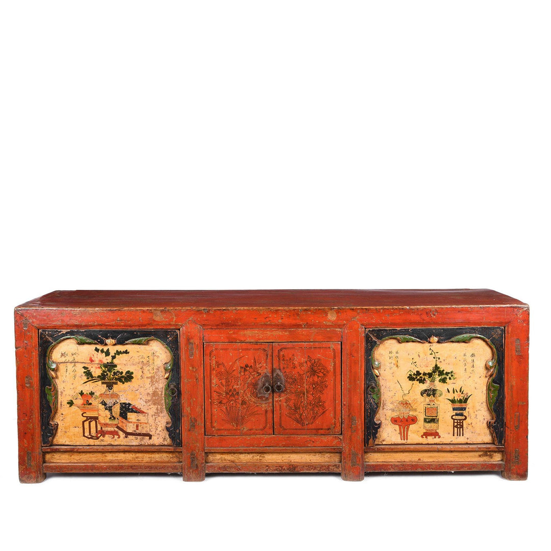 Red Lacquer Low "Kang" Cabinet, Mongolian - 19thC | Indigo Oriental Antiques
