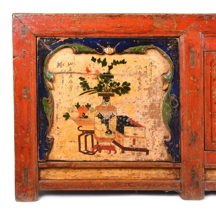 Corner Detail Of Red Lacquer Low "Kang" Cabinet, Mongolian - 19thC | Indigo Oriental Antiques